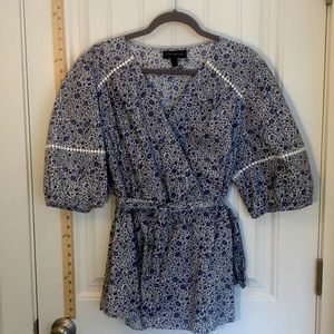 Cotton, Faux Wrap Blouse with elastic waist and sash.